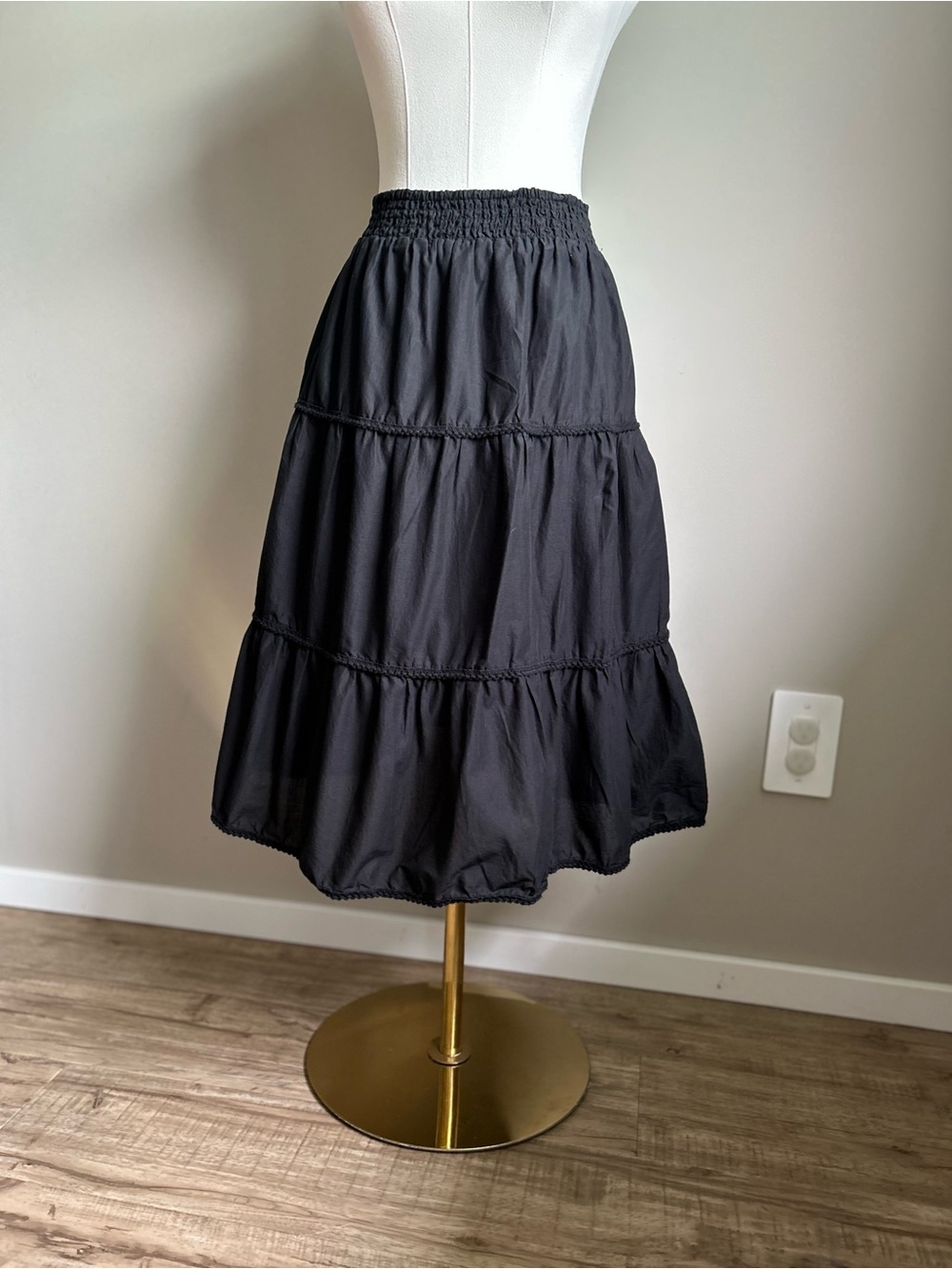 Cotton Black Tiered Midi Skirt with Smocked Waist boho goth neutral summer
